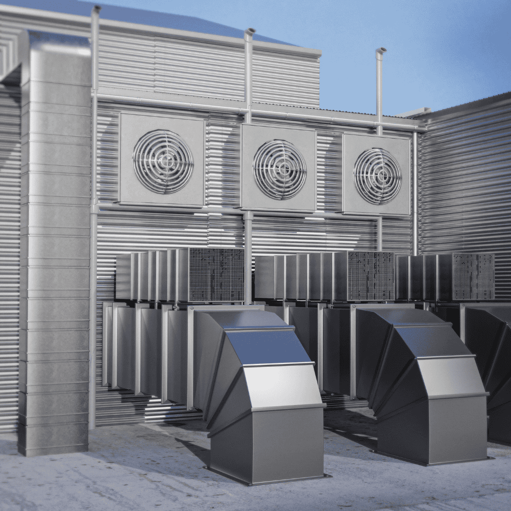 Impianto frigorifero industriale Ventilatori industriali per sistemi, estrazione aria, raffreddamento smart e risanamento ambientale.